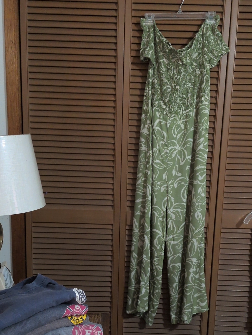 Yireh Olive Green Floral Off-Shoulder Jumpsuit
